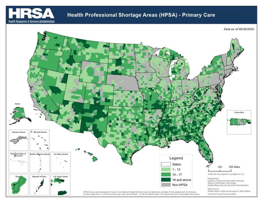 Map illustrating the physician shortage