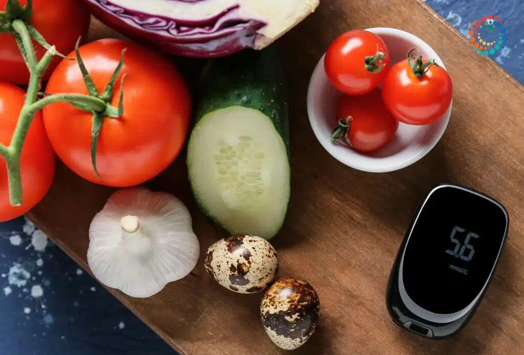 Top view pr tomatoes, cucmbers, and garlic on a wood cuttingboard with a blood glucose monitor